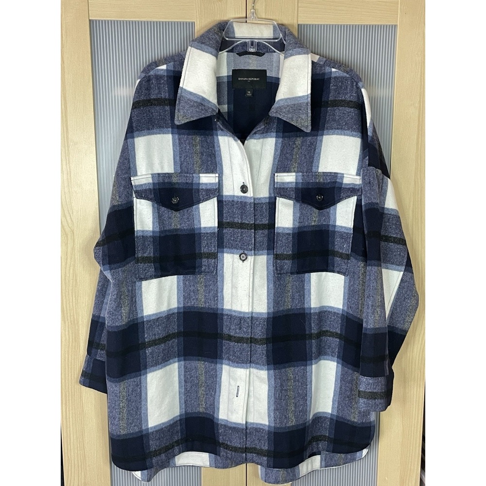 Banana Republic Plaid Shacket Oversized XL Blue Shirt Jacket Top Casual Western - Picture 2 of 6